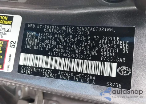 2023 Toyota Camry Se from USA, damaged, VIN 4T1G11AK9PU812493